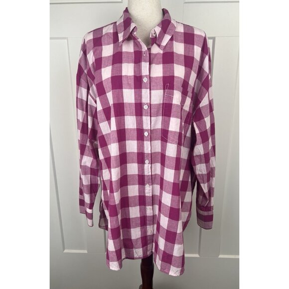 NWT Maeve Anthropologie Bennett Pink White Plaid Button Down Shirt XL Oversized - Picture 5 of 15